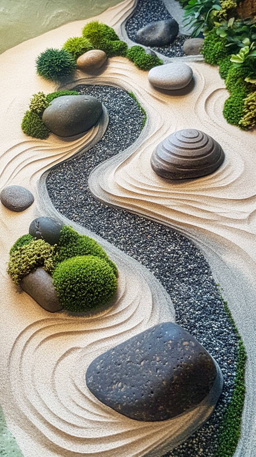 Ein ruhiger Zen-Garten mit glatten Steinen und fließenden Sandmustern, der zur Entspannung einlädt.