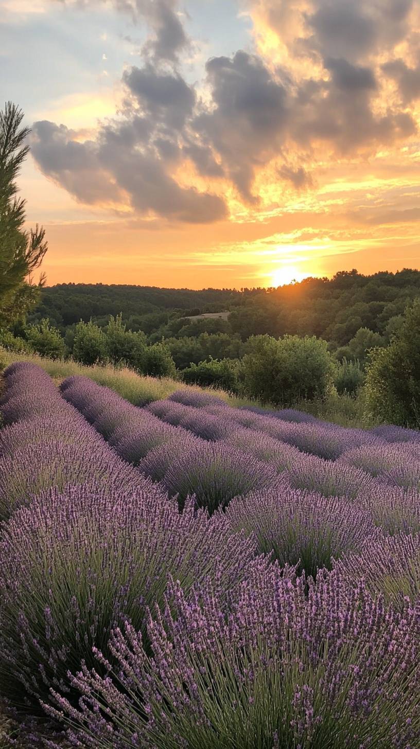 Lavendelfelder ziehen sich bis zum Horizont, Sonnenuntergangswolken darüber, provenzalischer Stil, romantische Atmosphäre