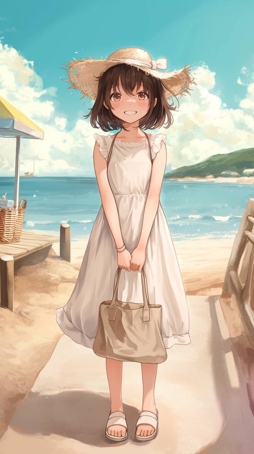 Une fille vêtue d'une robe en lin Muji, avec des sandales Teva, un chapeau de paille et un tote bag en toile, se tient sur une promenade de plage.