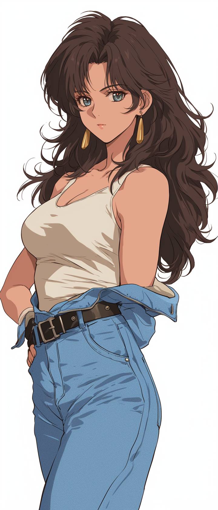 Personaje femenino de anime en una camiseta ajustada y jeans acampanados, retro de los 90, estilo casual y chic.