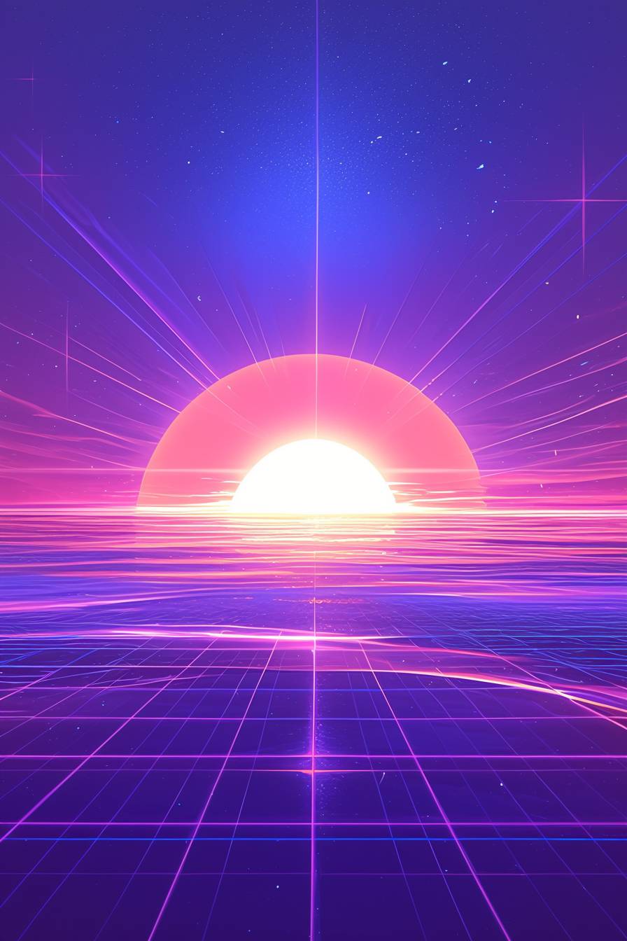 Estética retro vaporwave com gradiente neon roxo e rosa, linhas de grade e uma vibe surreal