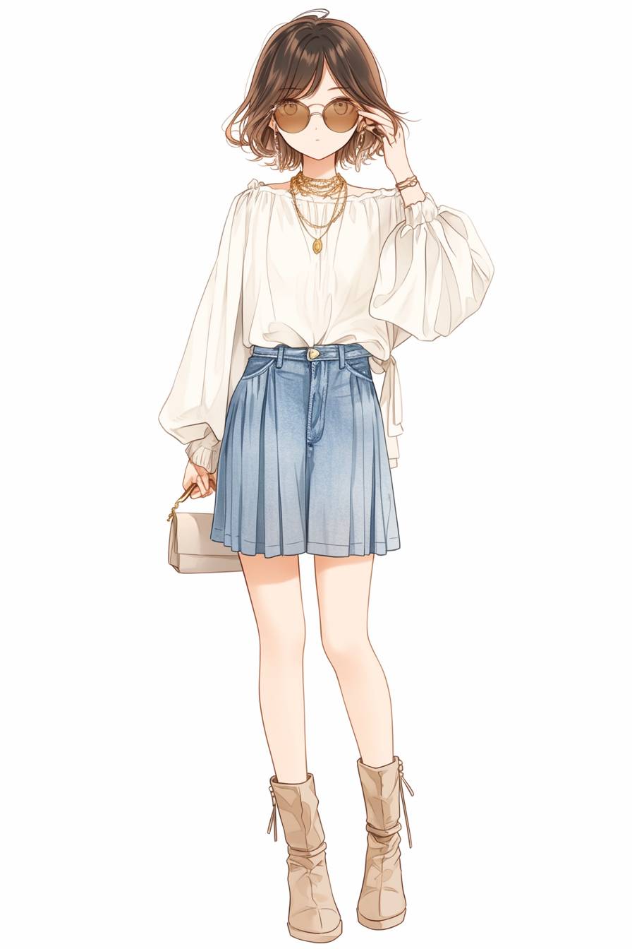 Anime-Mädchen in einem schicken Outfit inspiriert von Alexa Chung, trägt eine weiße Bluse und einen vintage Denim-Rock mit braunen Stiefeln und übergroßen Sonnenbrillen.