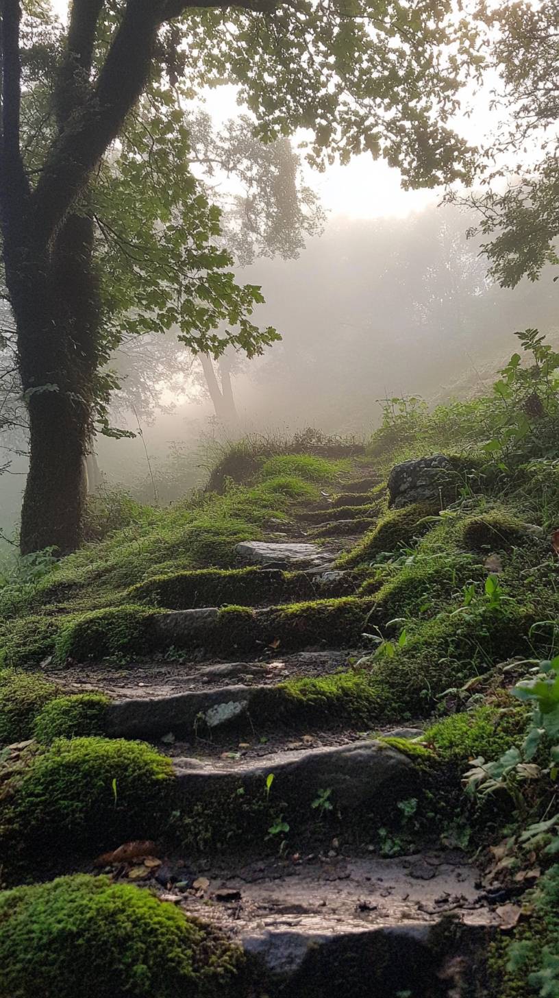 Anciennes marches en pierre recouvertes de mousse, brume du matin, chemin mystique