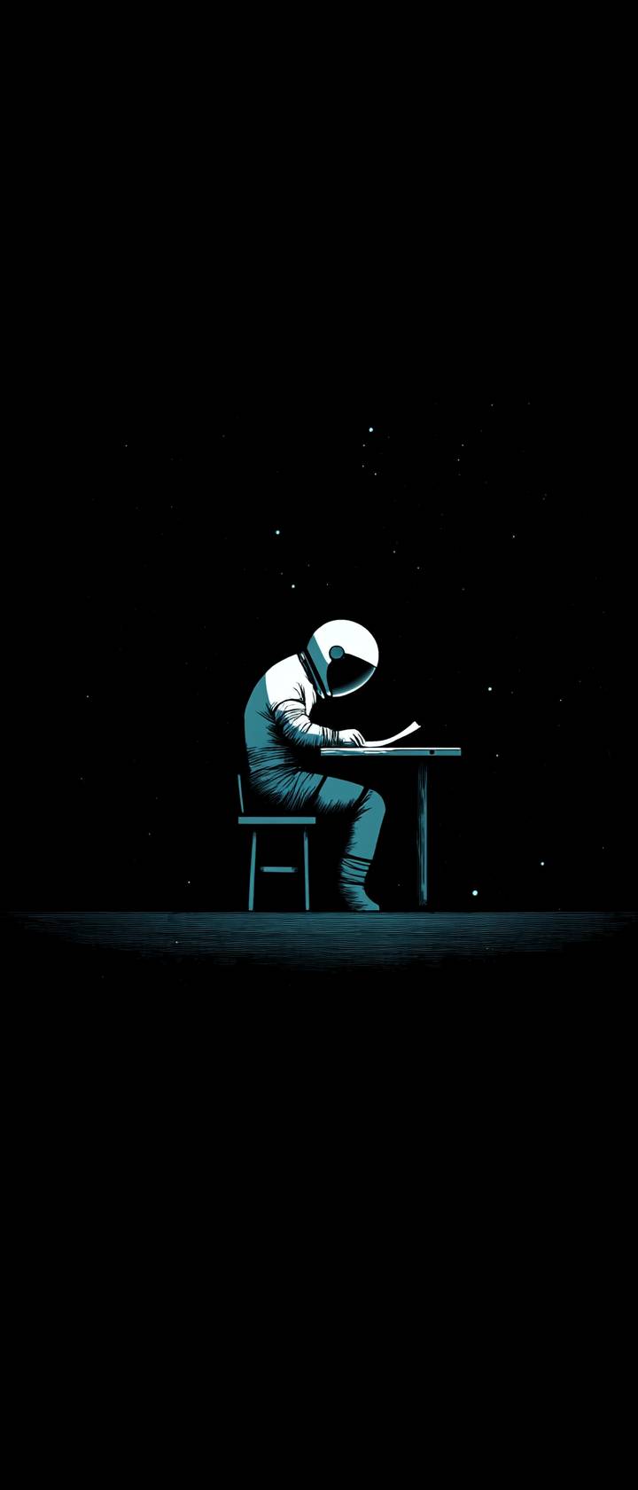 An astronaut writes a letter at a desk in the dark space, highlighting solitude and simplicity.