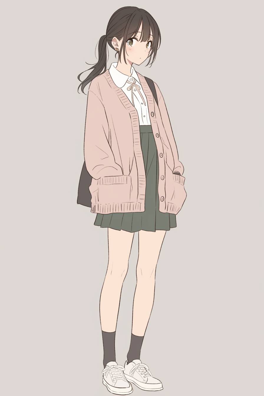 Une fille porte un cardigan Maison Kitsune avec une jupette de tennis et des baskets blanches, affichant un look décontracté et élégant.