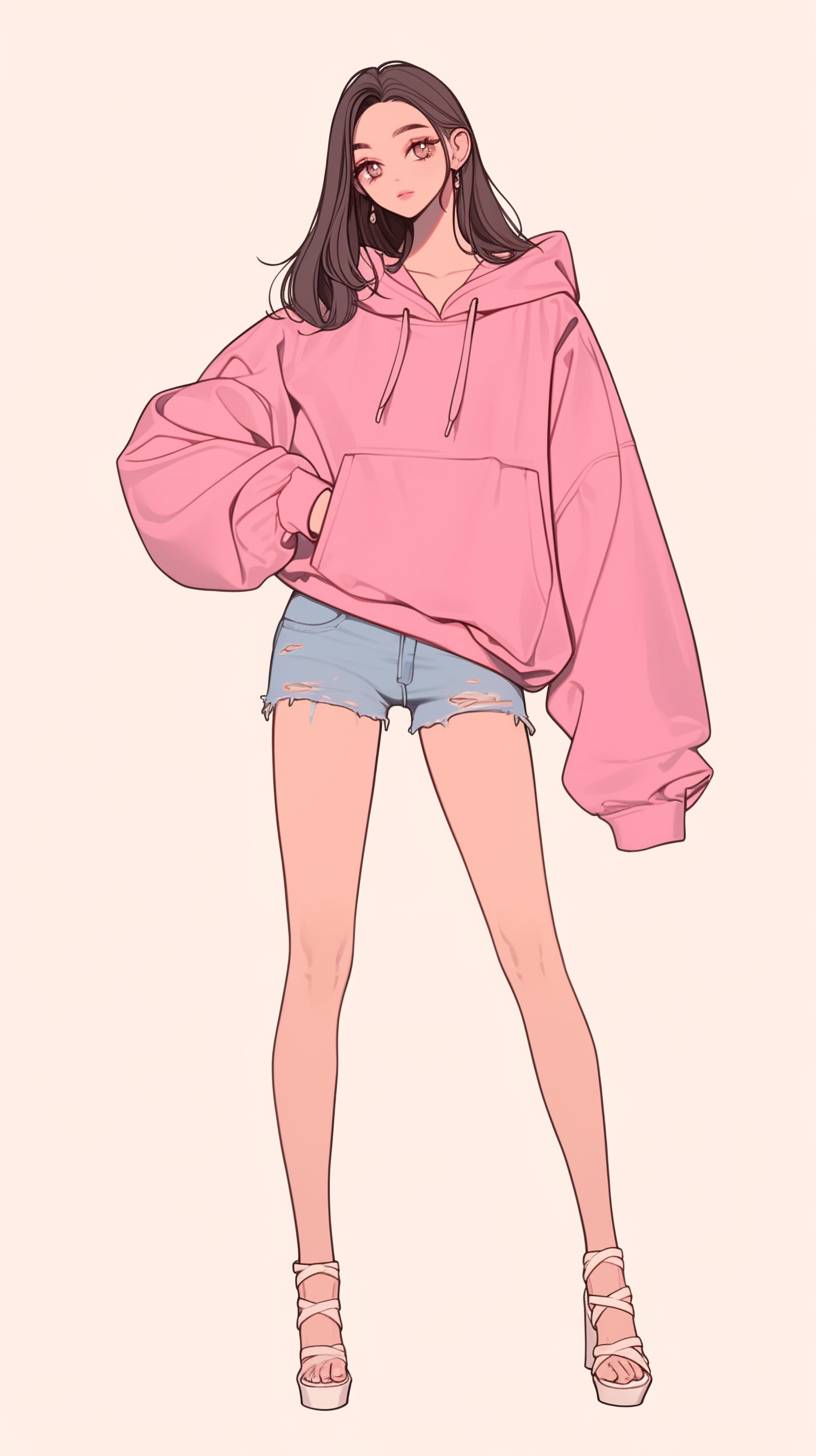 Ein Cartoon-Mädchen trägt einen oversized rosa Hoodie, Denim-Shorts und schicke weiße Sandalen.