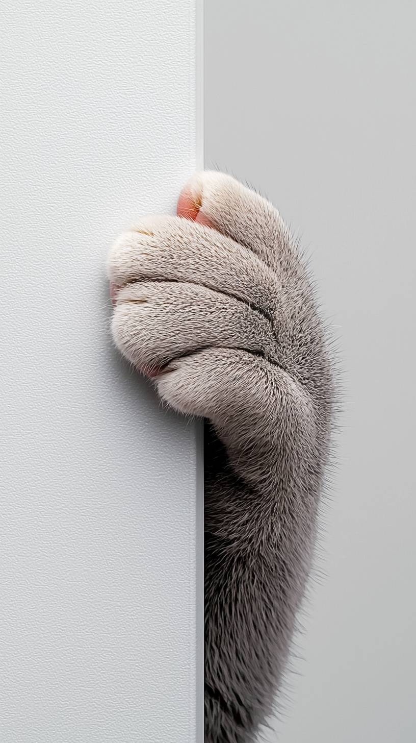 Gros plan d'une patte de chat grattant le bord d'un cadre de porte.