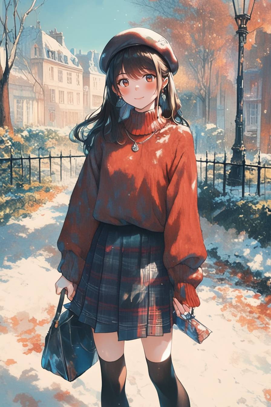 Chic anime girl wearing a cashmere sweater, plaid skirt, and beret, showcasing elegant winter street style.