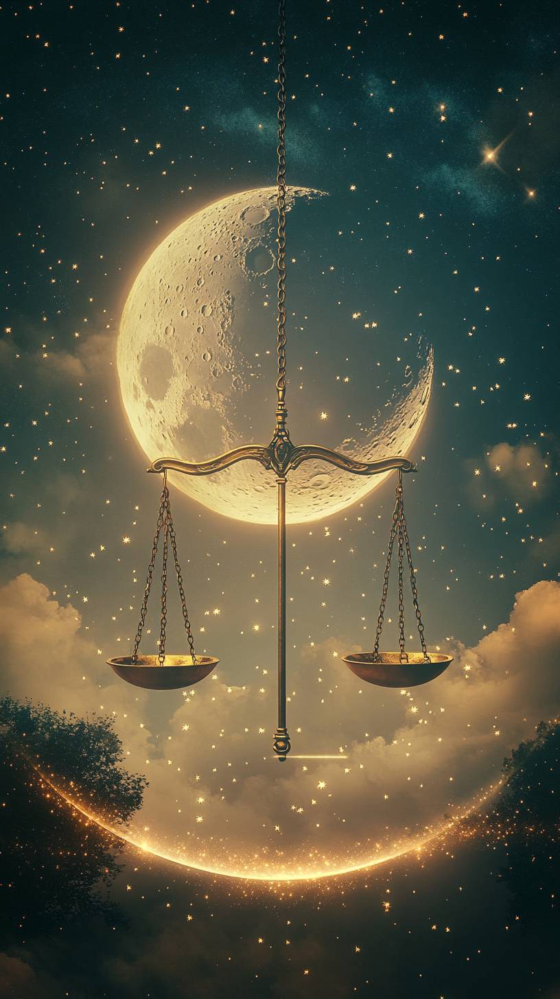 Una escena celestial mística con una luna brillante en el fondo y escalas de Libra suspendidas al frente, con partículas estrelladas flotando suavemente.