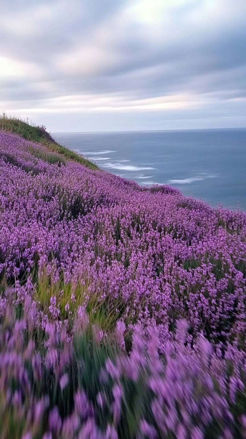 海岸でヒースの花が咲き、海の背景があり、柔らかい風が吹いている。