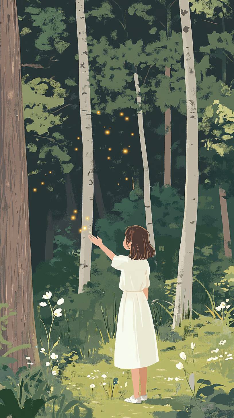 A girl in a white dress on the forest floor reaches up to touch glowing fireflies lighting her way.