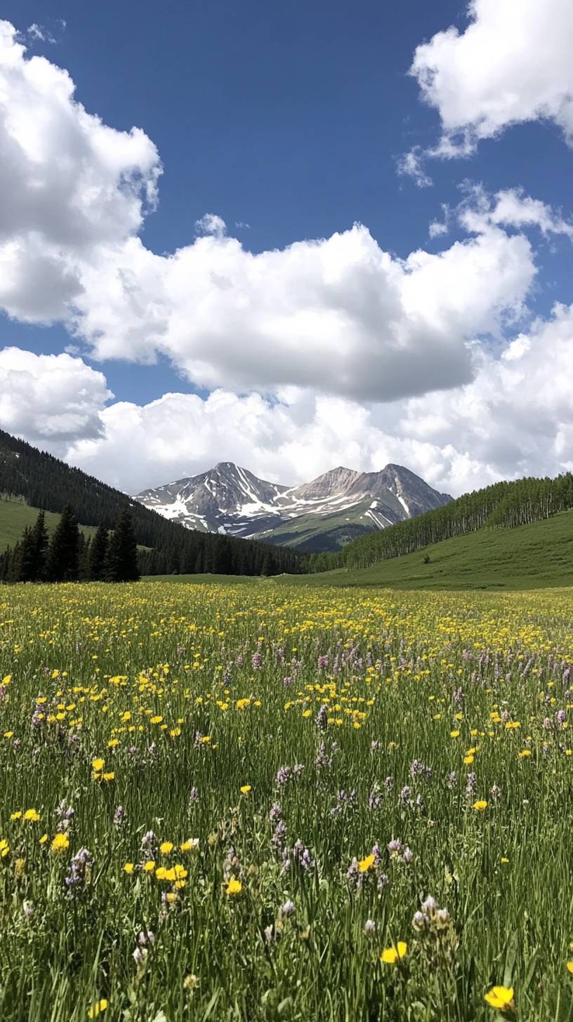 An alpine meadow blooms with wildflowers, framed by distant snow-capped peaks and fluffy white clouds.