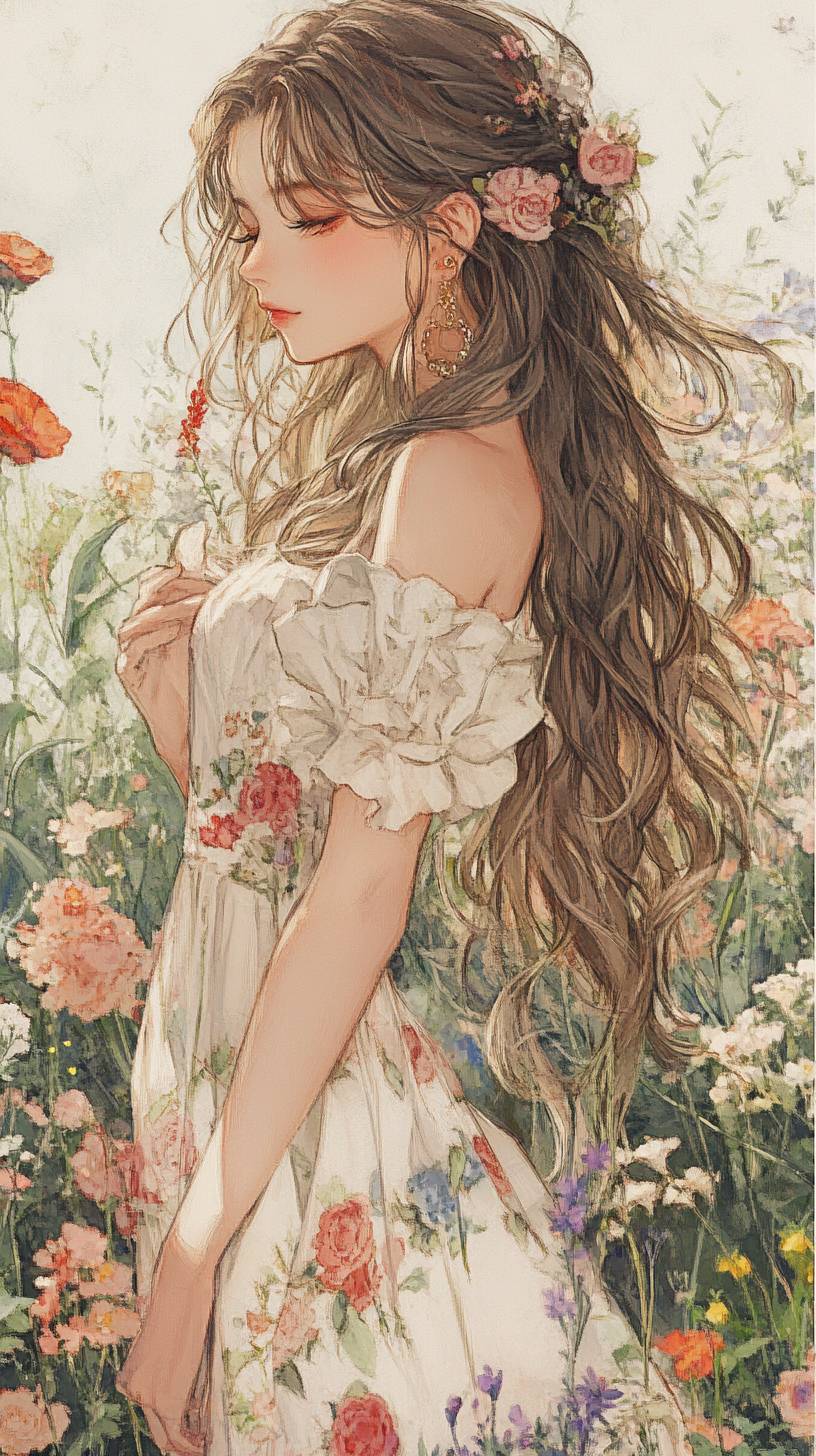 A girl in a romantic floral dress with feminine accessories and long wavy hair in a spring garden.