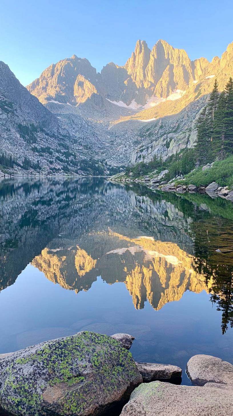 Sonnenaufgang am Bergsee, perfektes Spiegelbild und frische Morgenluft.