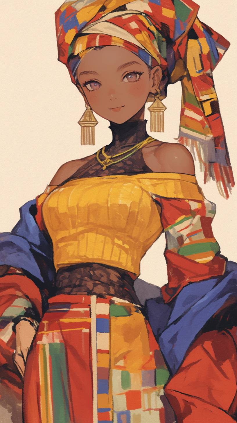 African anime girl in traditional-modern fusion fashion, vibrant patterned dress, bold headwrap, showcasing cultural pride and elegance.