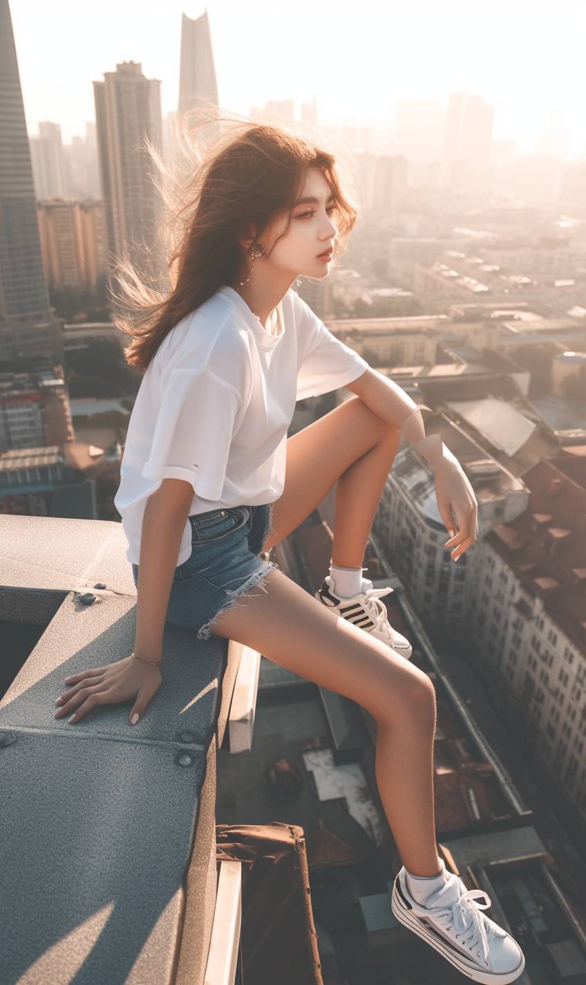 Une fille en mode d'été portant un t-shirt basique, un short déchiré, des baskets slip-on et des bijoux délicats sur un toit.