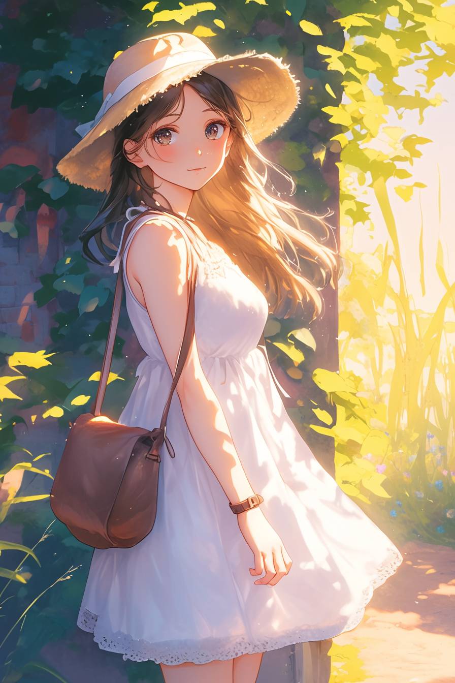 A beautiful anime girl in a white sundress and a straw hat walking in a garden.