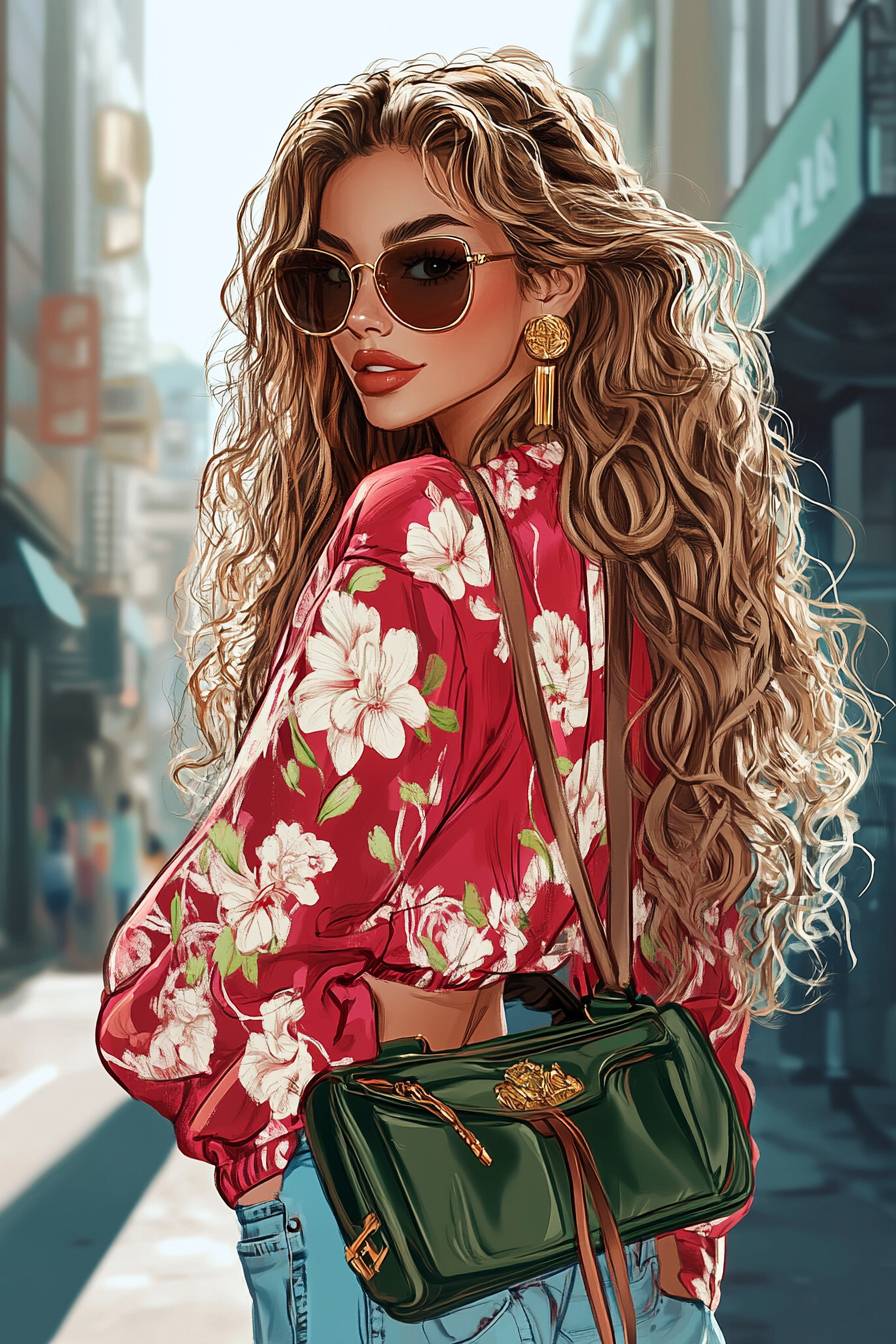 Una belleza de moda con chaqueta corta roja y rosa, sonriendo con cabello rizado y gafas de sol, llevando un bolso verde.