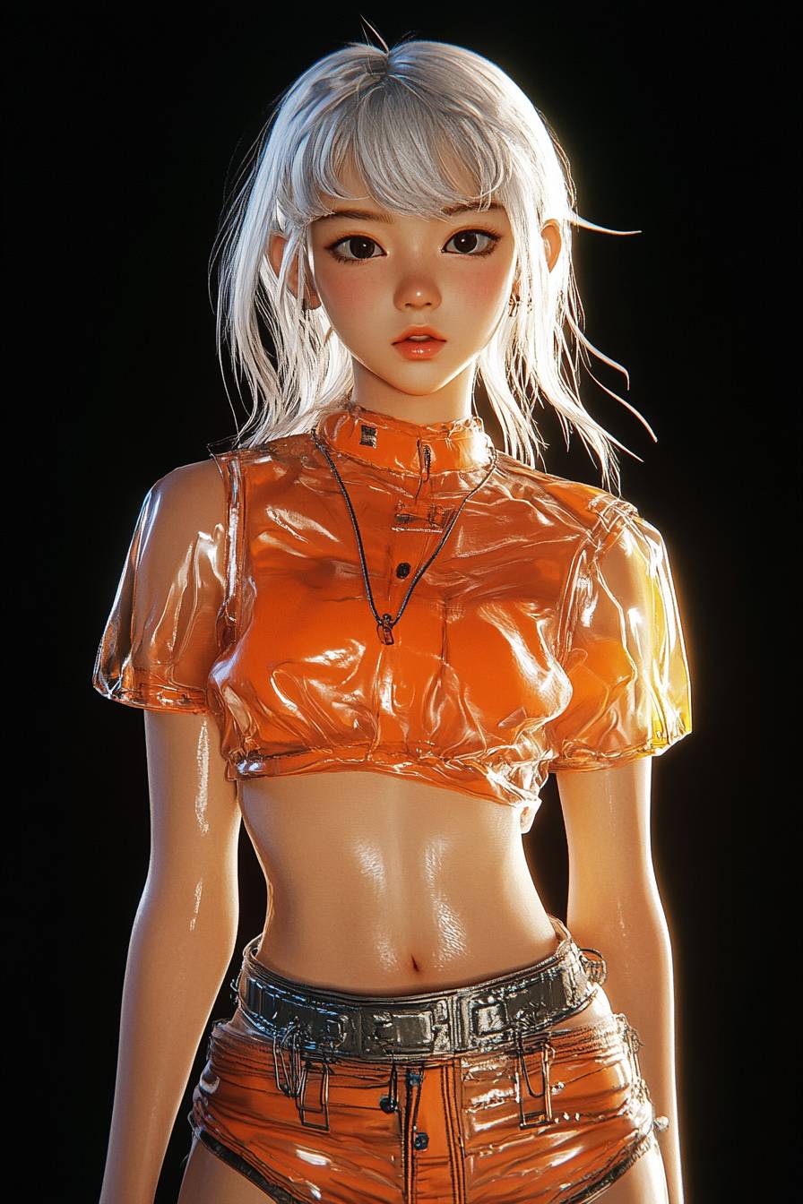 Rendu 3D d'une fille mignonne aux cheveux blancs, portant une jupe courte et une chemise orange transparente, style futuriste, fond noir, style art anime, esthétique y2k.