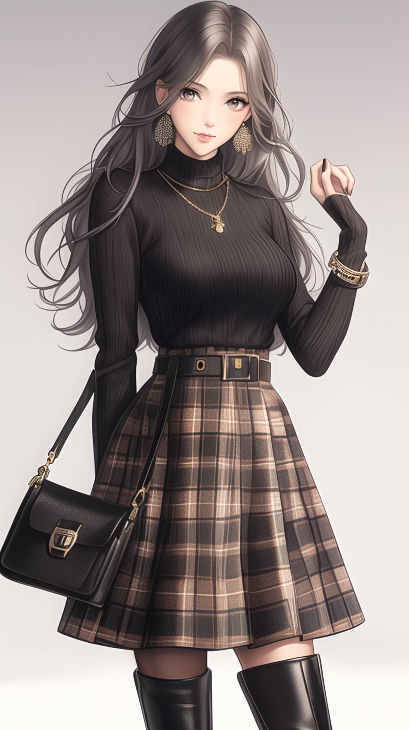 A CG realistic anime girl wearing a classic black turtleneck, plaid skirt, and ankle boots, accessorized with gold jewelry and a black handbag, exuding a stylish, timeless vibe.