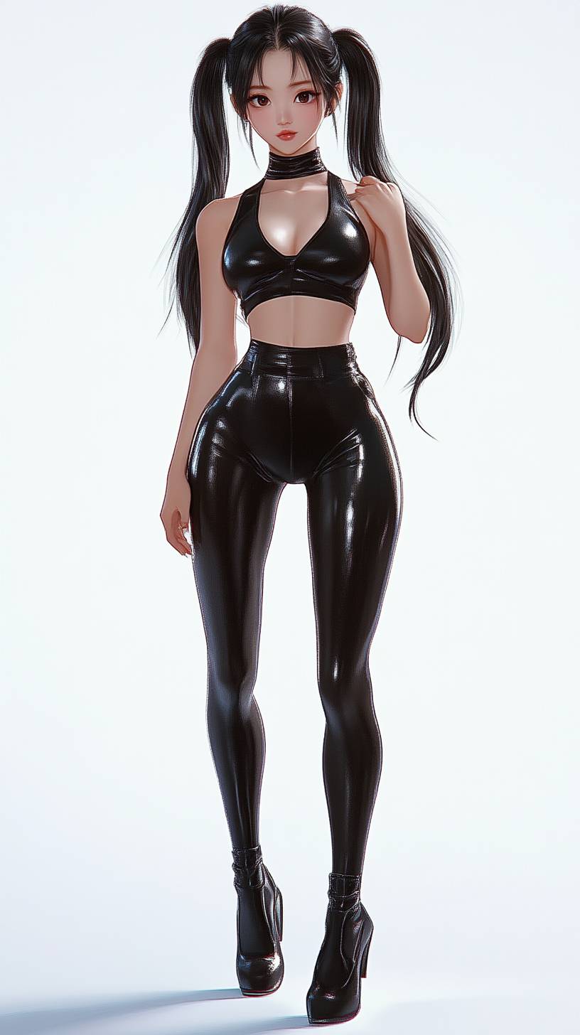 Fille anime au look mignon, portant une combinaison noire ajustée, avec des doublés et des abdominaux en huit.