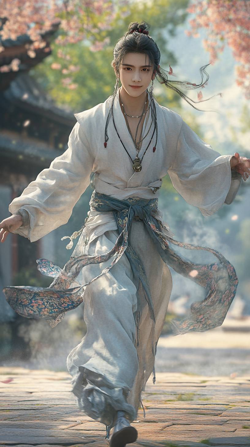 A 29-year-old Chinese boy in Taoist clothing and a necklace, smiling in a spring scene.