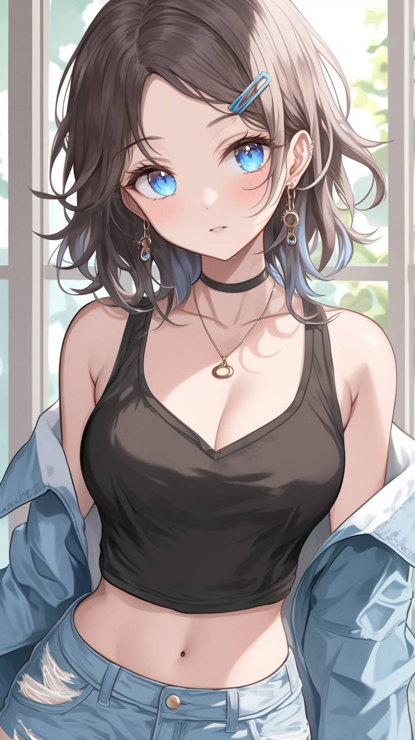 Anime girl wearing a black tank top and ripped denim shorts, showcasing an edgy summer vibe.