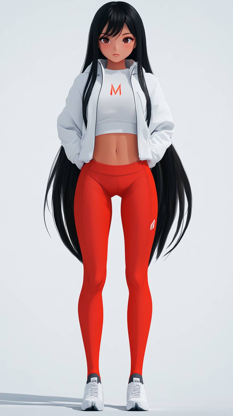 Chica 3D de estilo anime en un traje deportivo, con cabello largo y negro, leggings rojos, chaqueta blanca, cara seria, ojos soñolientos.