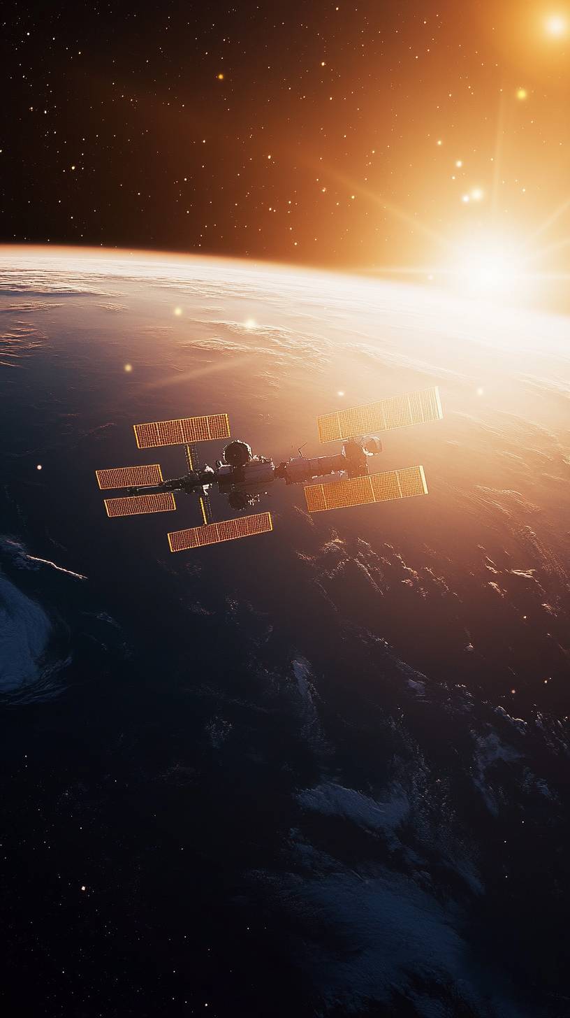 Space station silhouette with Earth backdrop and sunrise glow, lens flare