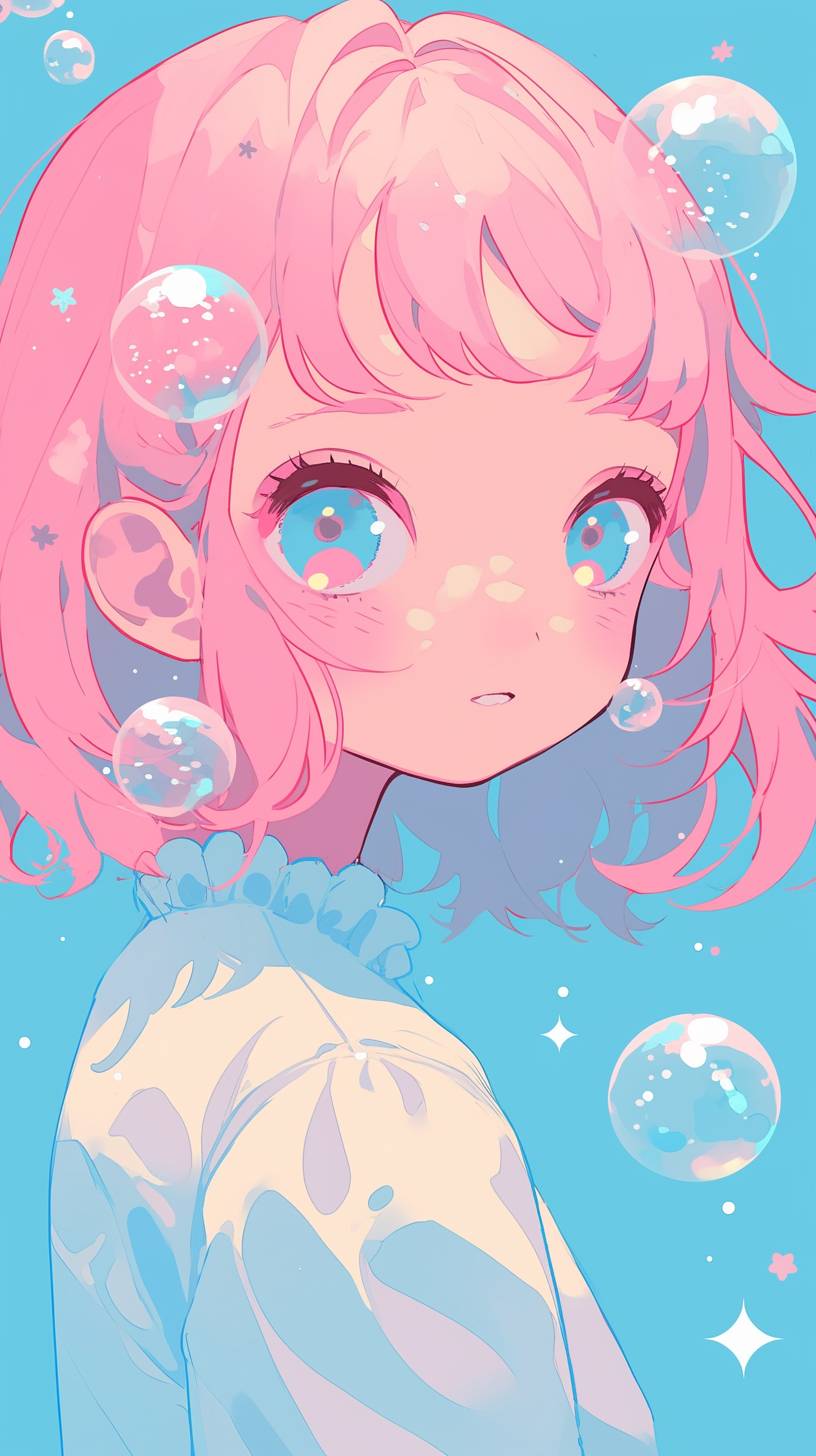 Simple anime girl with floating bubbles, pastel shades, minimal background elements