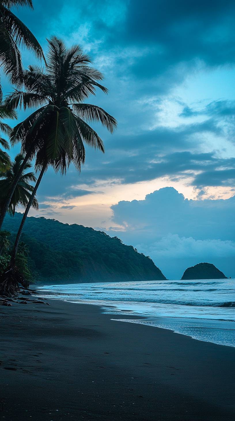 Tropical beach at dusk, palm tree silhouette, pastel sky, peaceful evening