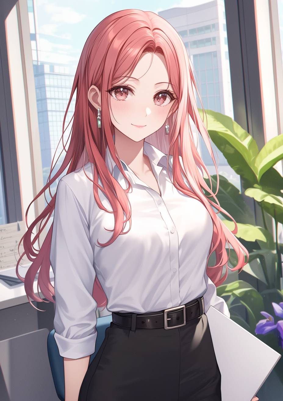 Kobayashi is dressed in comfy office wear, showcasing a professional appearance with a white blouse and black trousers.