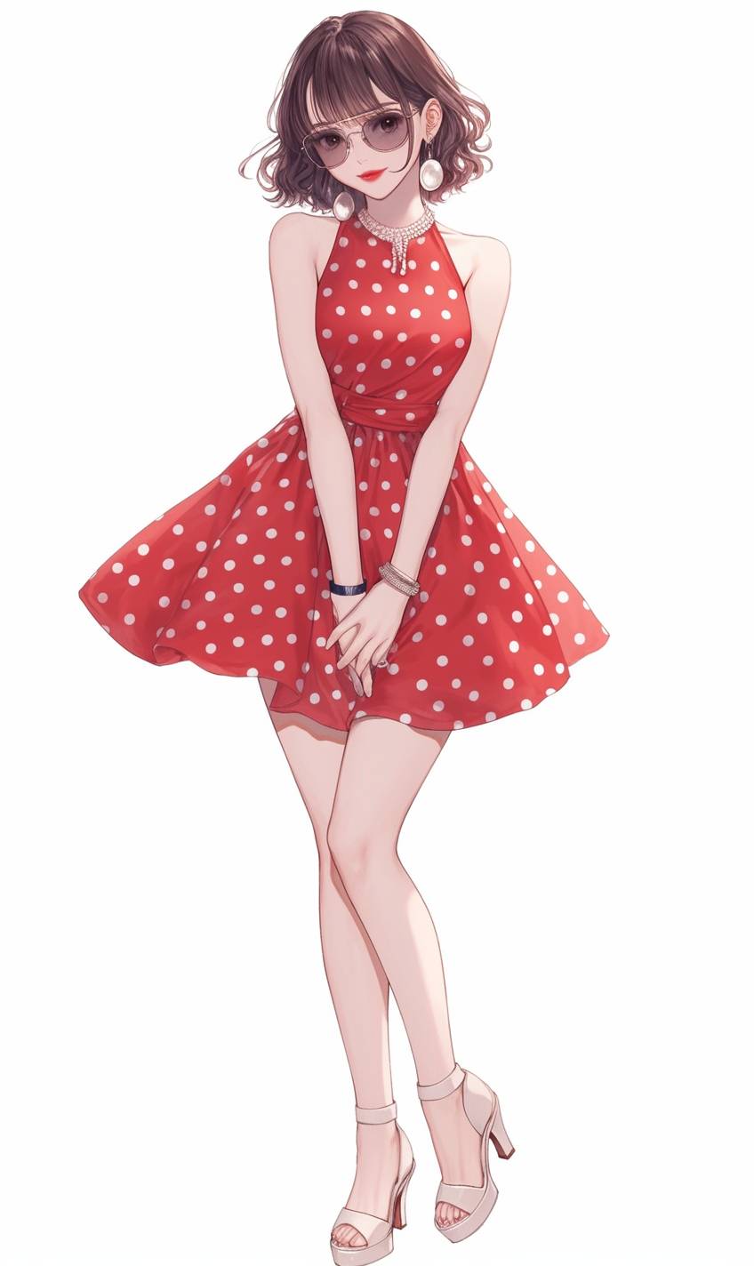 Chica de anime realista en CG con un vestido de lunares rojos de inspiración vintage, tacones blancos y lápiz labial rojo, complementada con un collar de perlas y gafas de sol vintage.