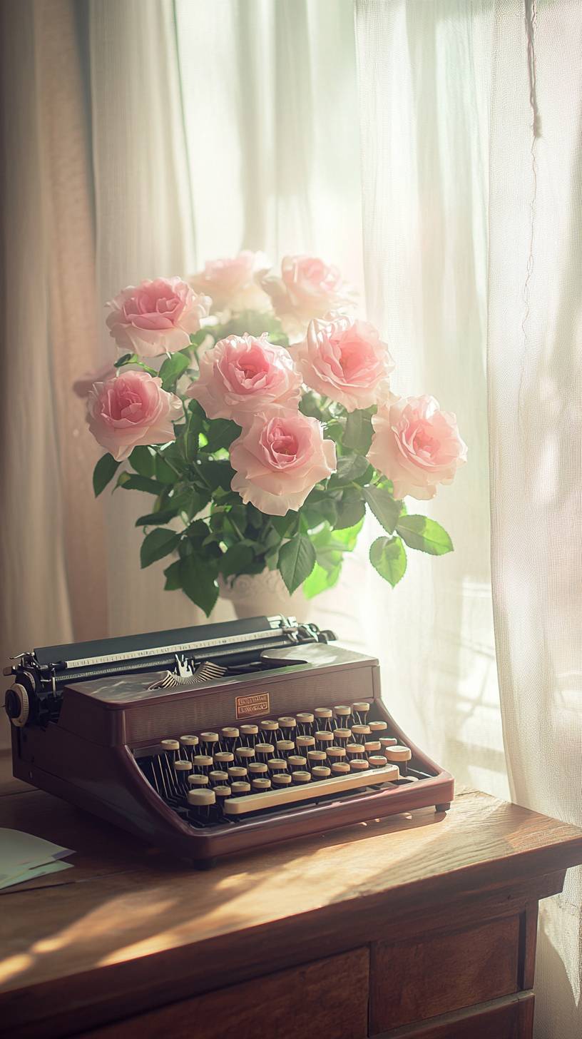 Machine à écrire classique avec des roses fraîches, surface de bureau en bois, lumière naturelle douce à travers des rideaux fins, ambiance nostalgique.