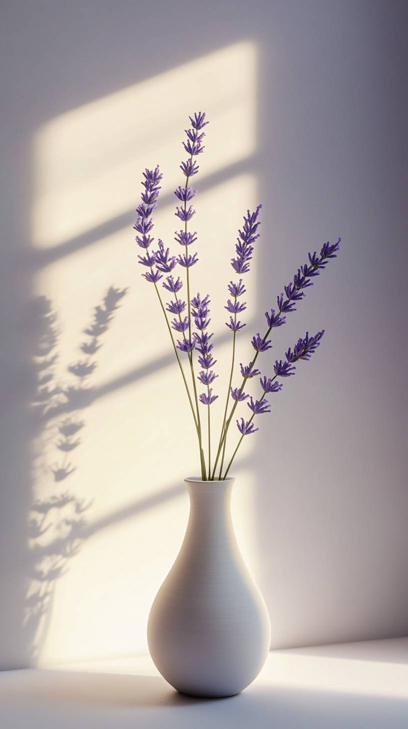 Sanfte Lavendelzweige in einer minimalistischen Vase schaffen eine friedliche Atmosphäre.