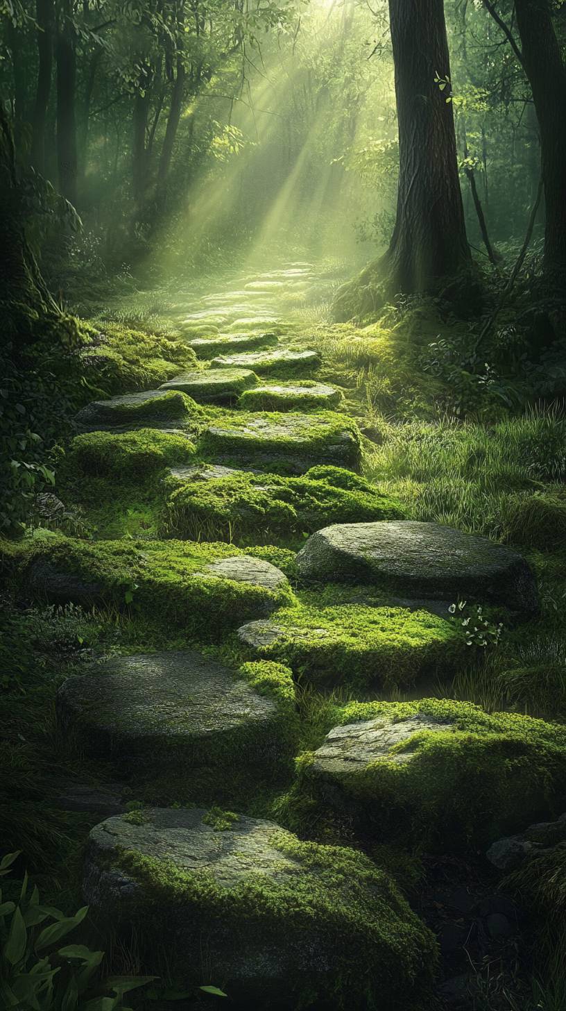 Ancient woodland path, morning light rays, moss-covered stones, mystical atmosphere.