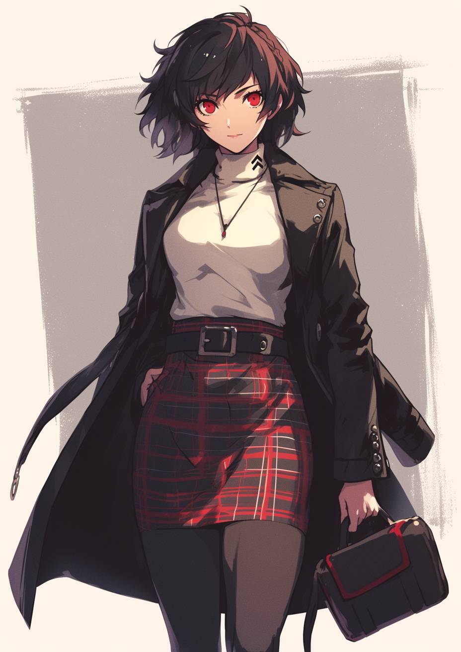 Makoto Niijima de Persona 5 en una blusa blanca, falda roja y botas negras, caminando con confianza en una ciudad ocupada mientras lleva un bolso de hombro.