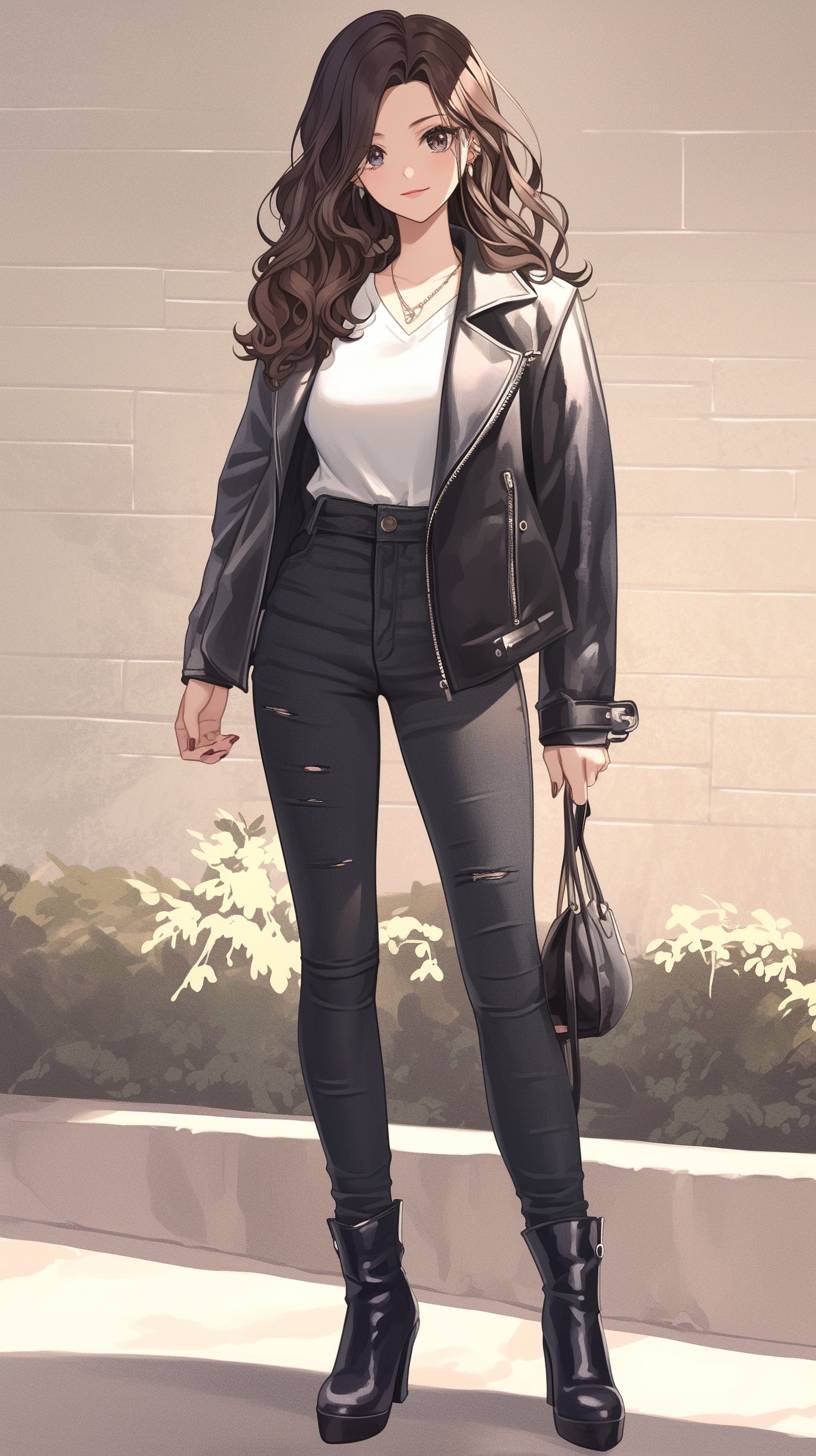 Una chica de anime realista de CG con un look casual y elegante, usando una chaqueta de cuero negra, camiseta blanca y jeans ajustados.