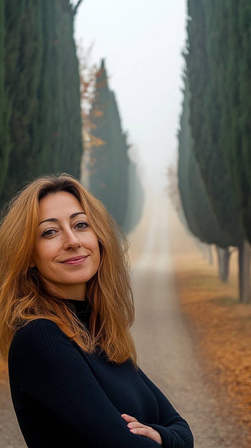 Tuscan cypress alley, morning fog, golden fields, romantic countryside