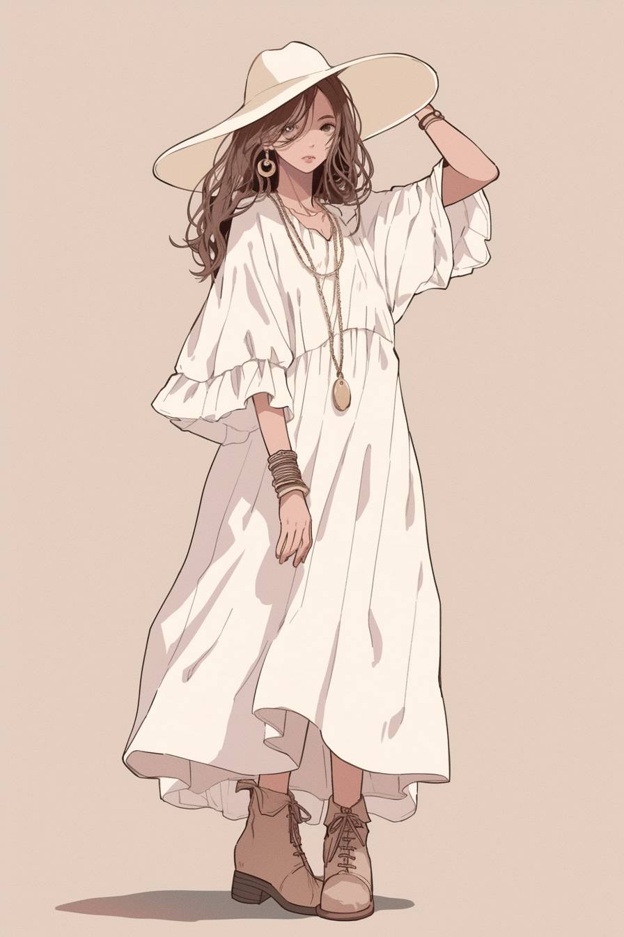 Un personnage inspiré par l'anime porte une robe maxi blanche boho chic avec des bottines beiges et est accessoirisé d'un chapeau à large bord et de colliers en or superposés.