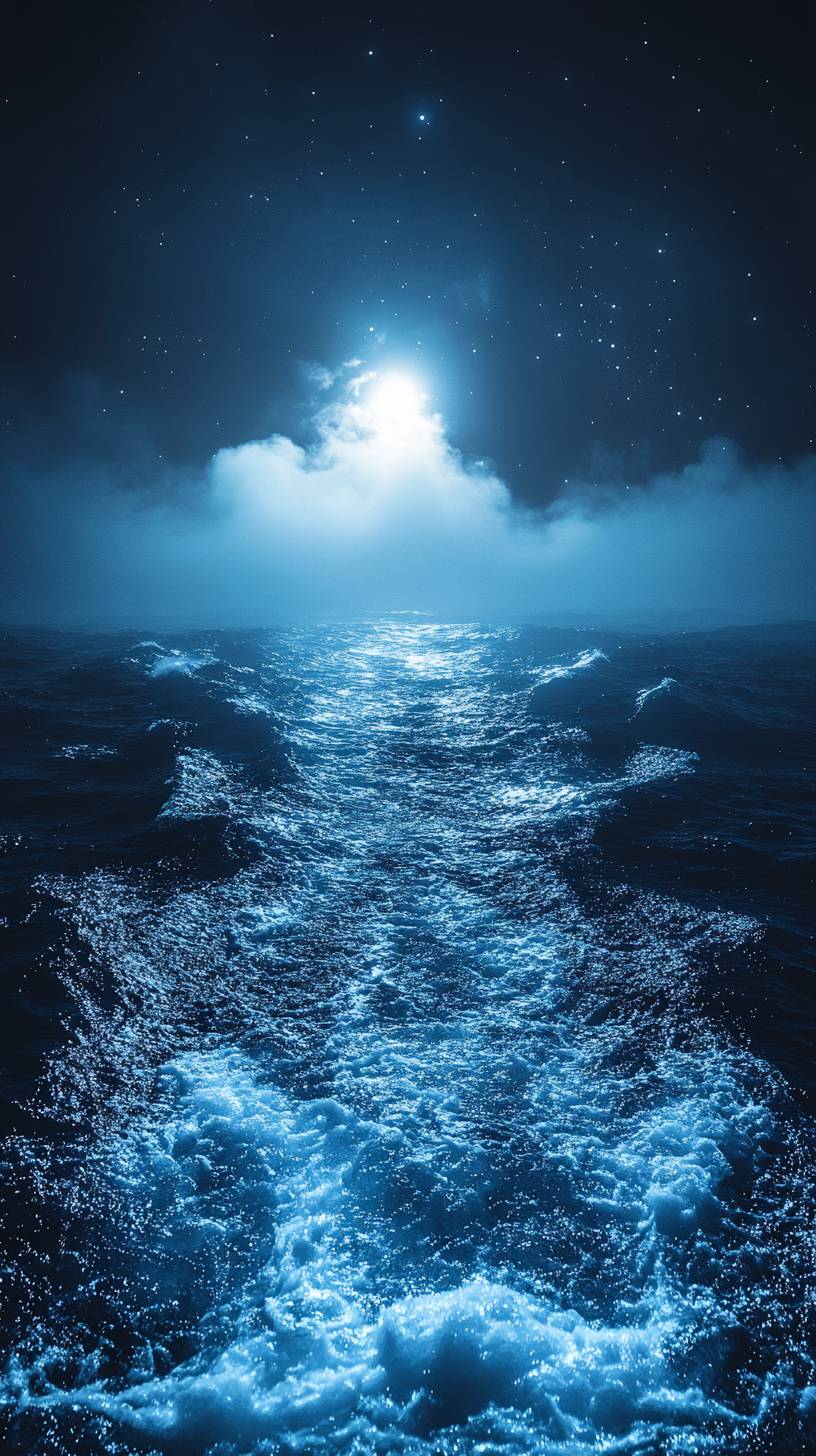 High-quality 8K ultra HD smartphone wallpaper of ocean waves at night under moonlight, creating a serene ambiance.