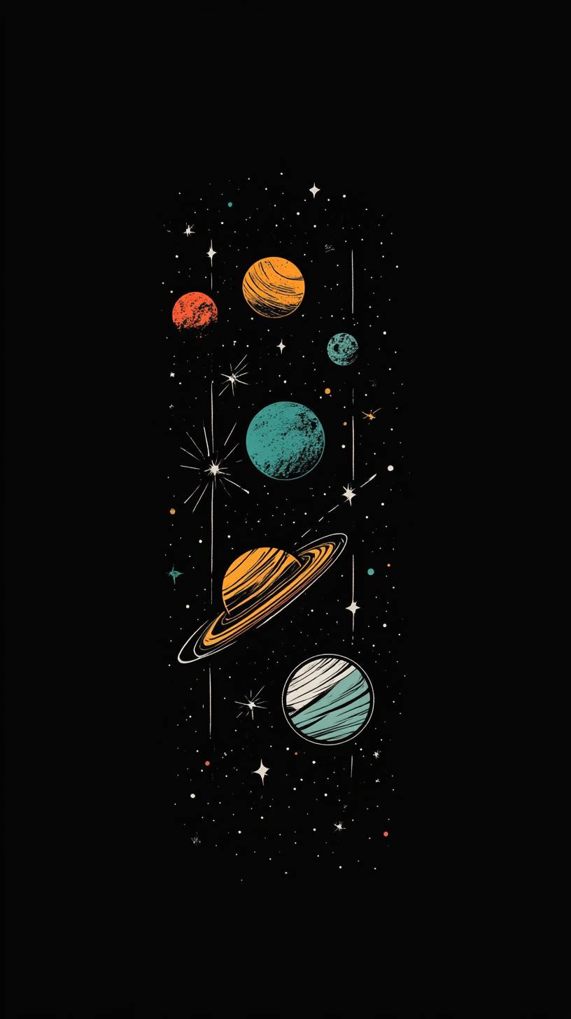 Create a minimalist depiction of the cosmos with a simple dark background, scattered stars, and one or two smooth-surfaced planets, featuring a faint galaxy or nebula in the distance, focusing on the elegant vastness of space.