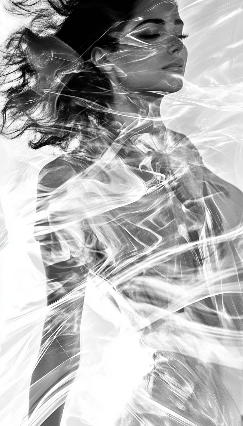 Photographie en noir et blanc d'une femme en mouvement avec un flou artistique, évoquant une qualité onirique et surréaliste.