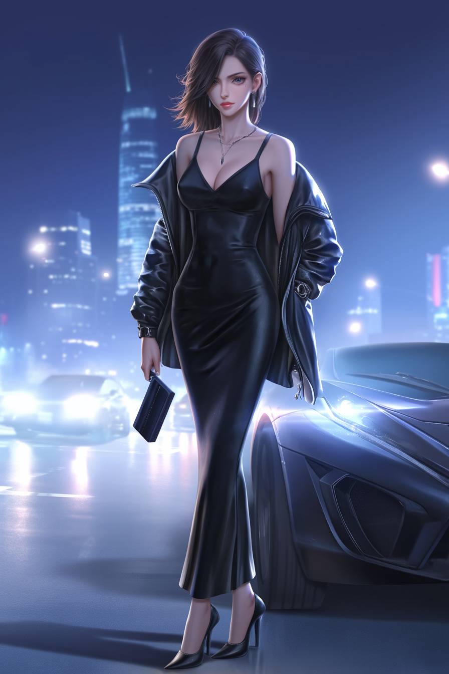 Ein CG realistische Anime-Mädchen in einem eleganten schwarzen Slipkleid, kombiniert mit einer Leder-Bikerjacke und hohen Absätzen, hält eine kleine schwarze Clutch und strahlt einen anspruchsvollen, selbstbewussten Look aus.