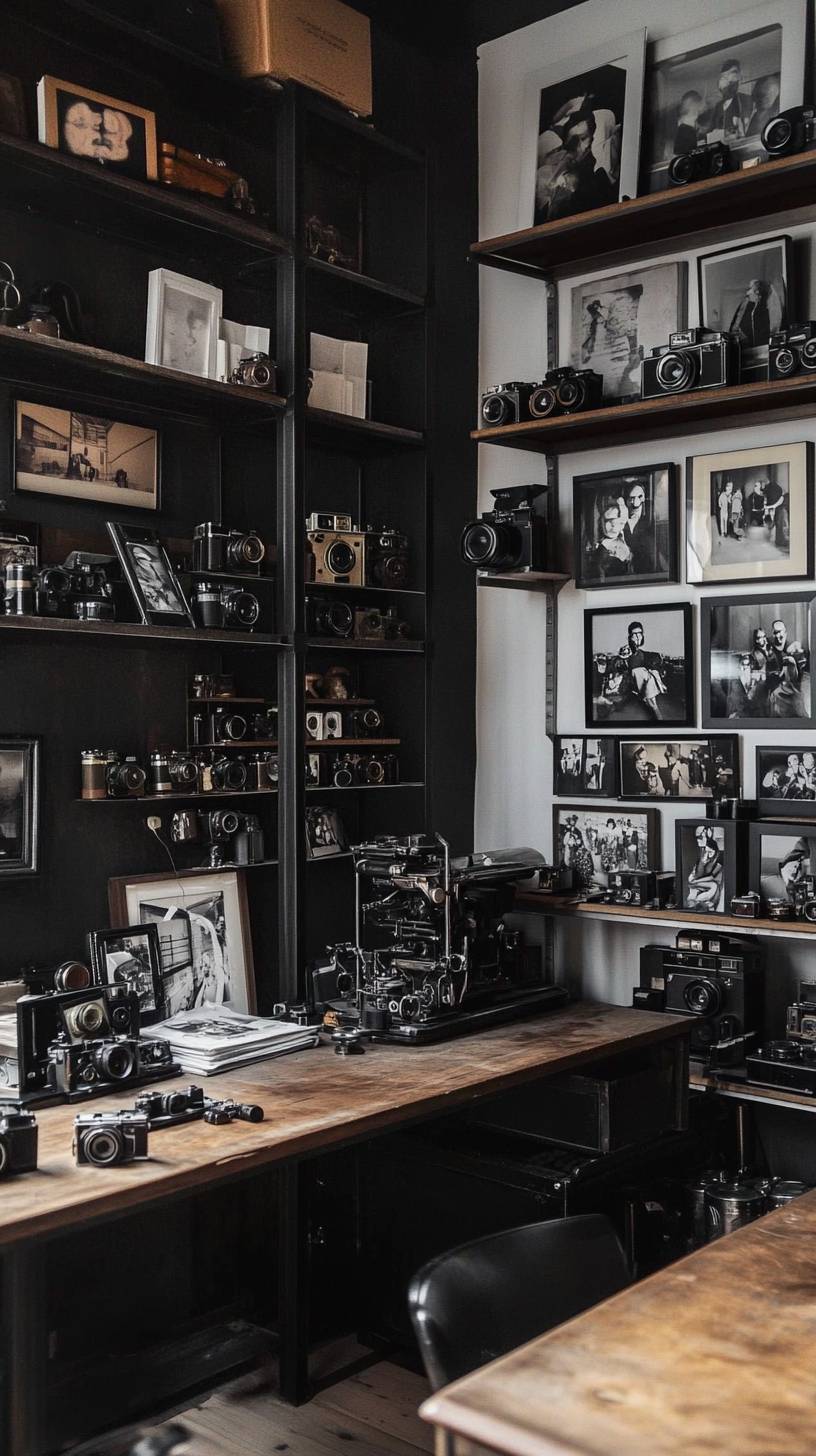 Photography studio, black and white photo wall, vintage camera collection, industrial metal shelving, artistic workspace