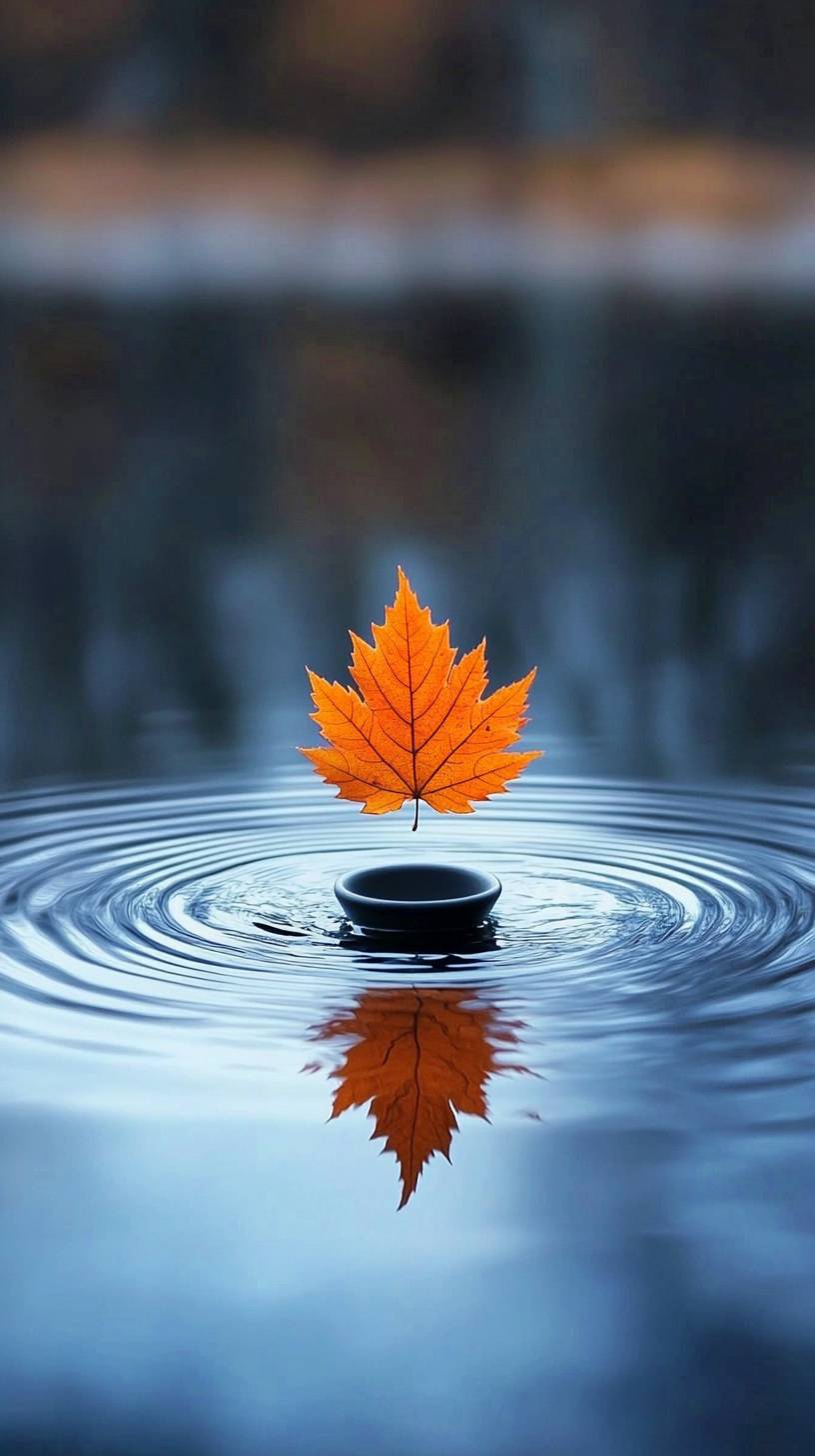 Une feuille d'érable tombe dans l'eau, créant des ondulations sur un fond bleu foncé et gris, avec des feuilles floues au loin, tandis qu'une petite tasse en verre noir flotte à la surface du lac, reflétant une feuille d'érable orange au-dessus d'elle.