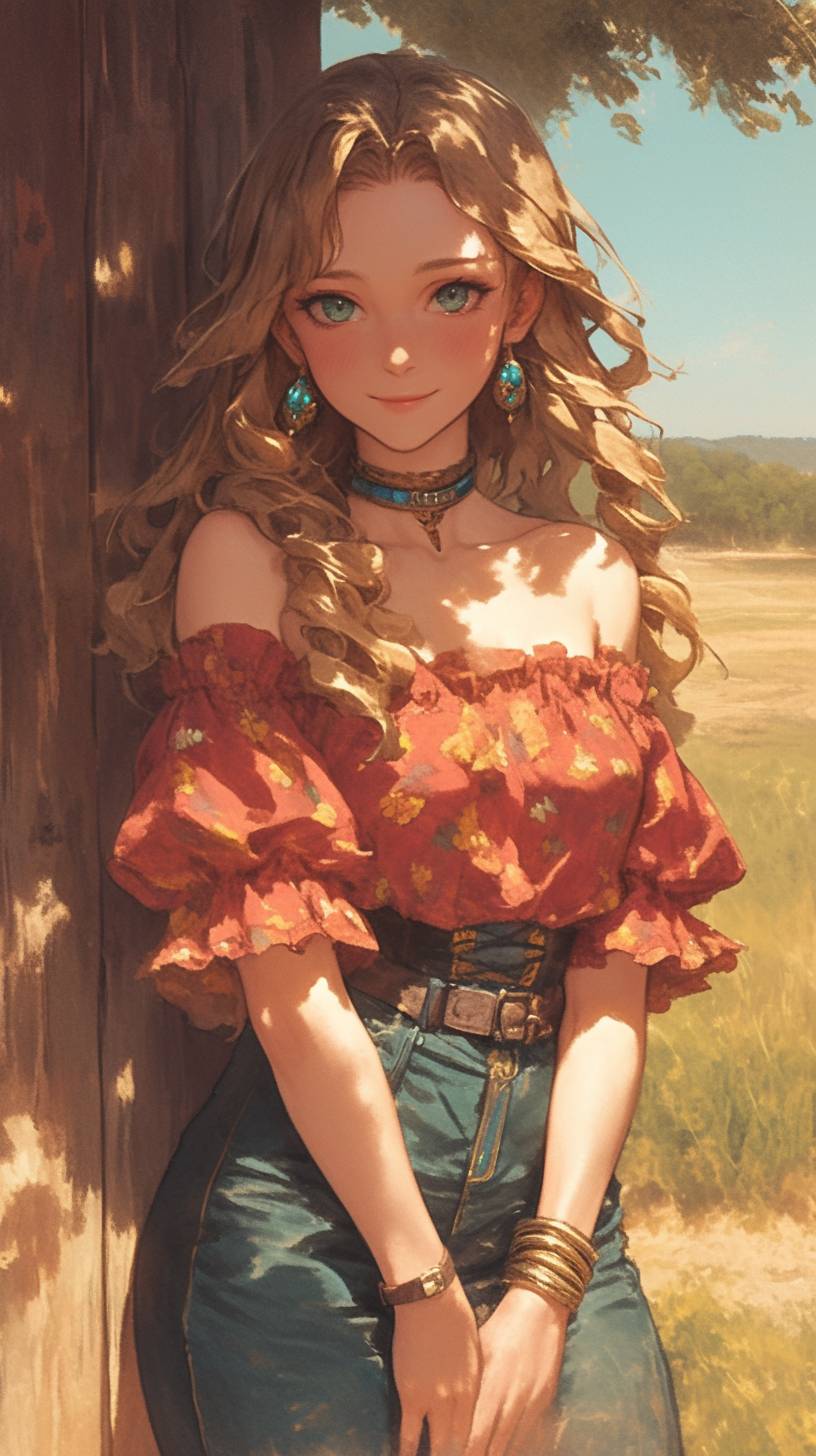 Garota de anime espanhola, estilo boêmio de Madri, usando blusa de ombro caído e calças flare com sapatos de espartilho e flores vermelhas no cabelo.