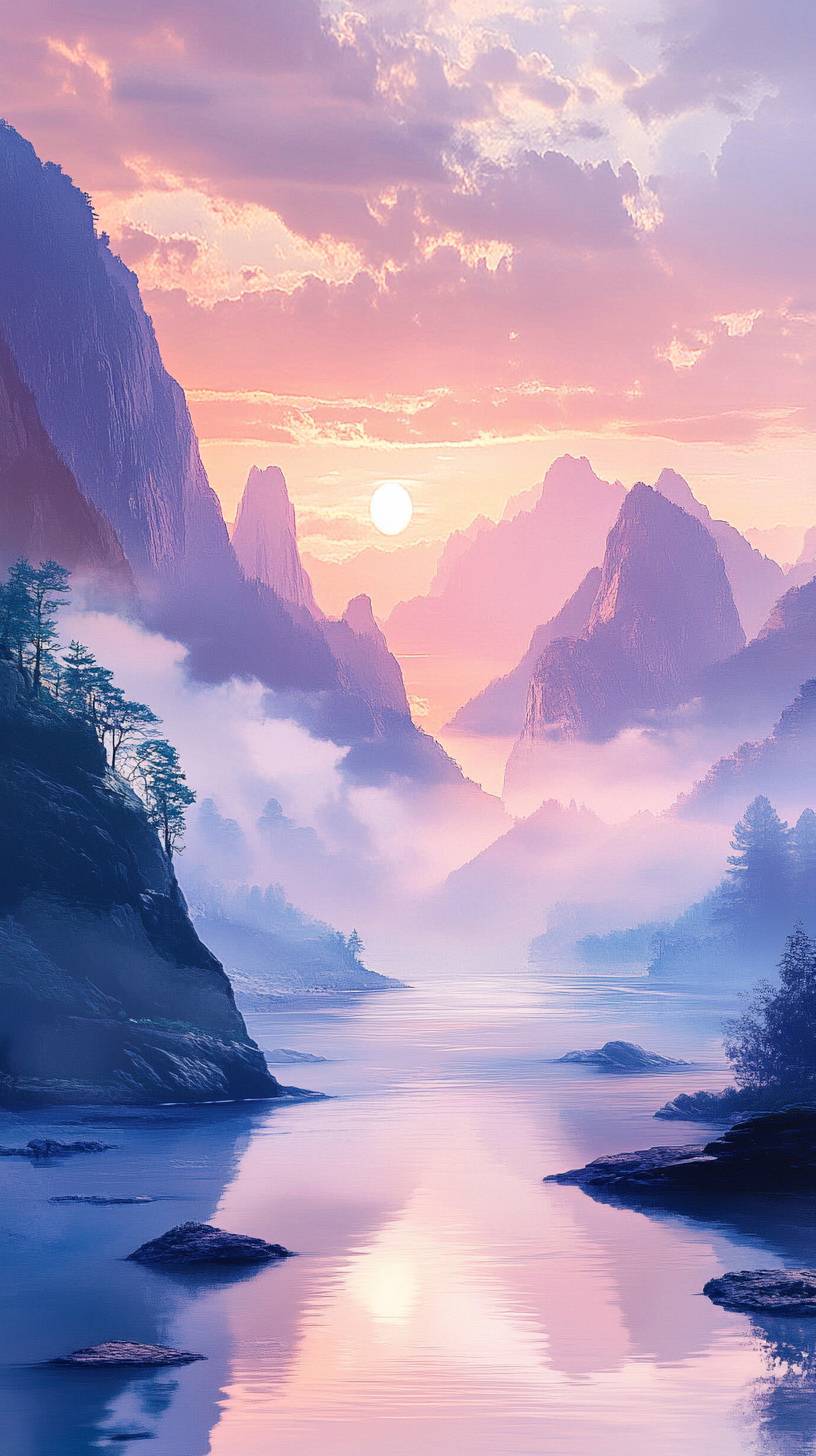 A peaceful natural scene with towering mountains and a tranquil river ideal for a calming phone background.