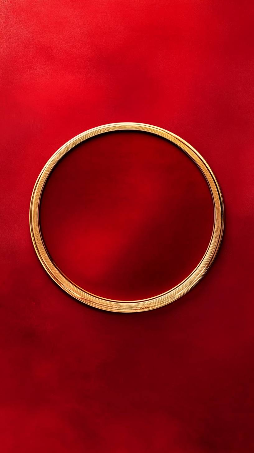 Ein einfacher roter Kreis in der Mitte, umgeben von einem dünnen goldenen Ring, der Einheit und Perfektion symbolisiert, vor einem glatten roten Hintergrund.