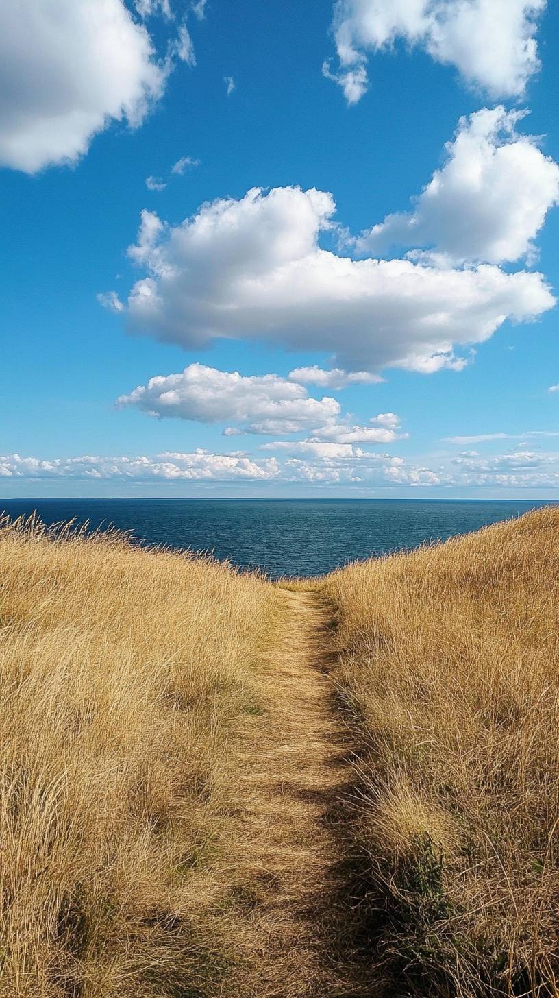 Küstenweg durch wildes Gras, ruhiger Ozean-Horizont